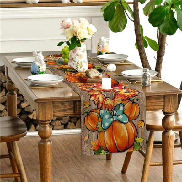 Fall Table Runner 13x72 Pumpkin Farmhouse Thanksgiving Autumn Kitchen Table Deco - Picture 2 of 6